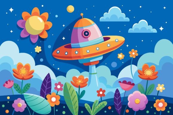 Download Spaceship Sky Cartoon with Flowers on a - Spaceship Collection