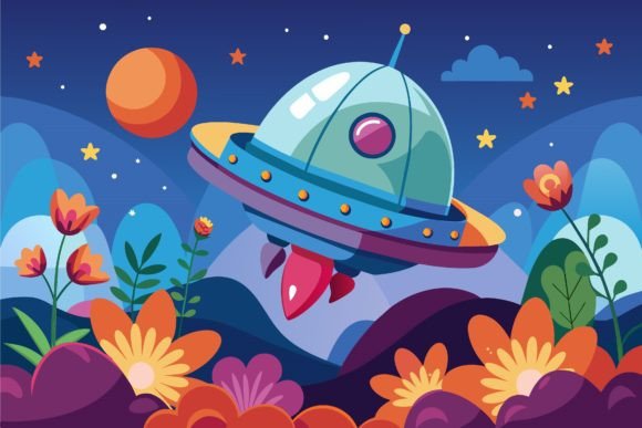 Download Spaceship Sky Cartoon with Flowers on a - Spaceship Collection