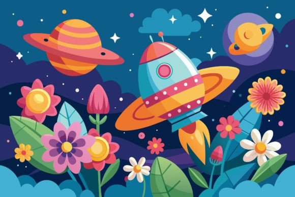 Download Spaceship Sky Cartoon with Flowers on a - Spaceship Collection