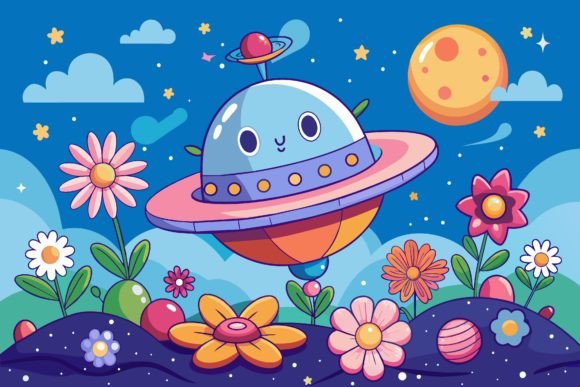 Download Spaceship Sky Cartoon with Flowers on a - Spaceship Collection